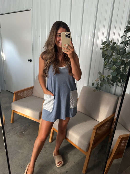 The Macy Romper Dress- Denim Blue