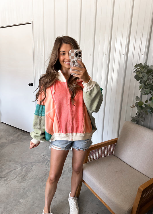 Colorblock zip up Hoodie- peach sorbet