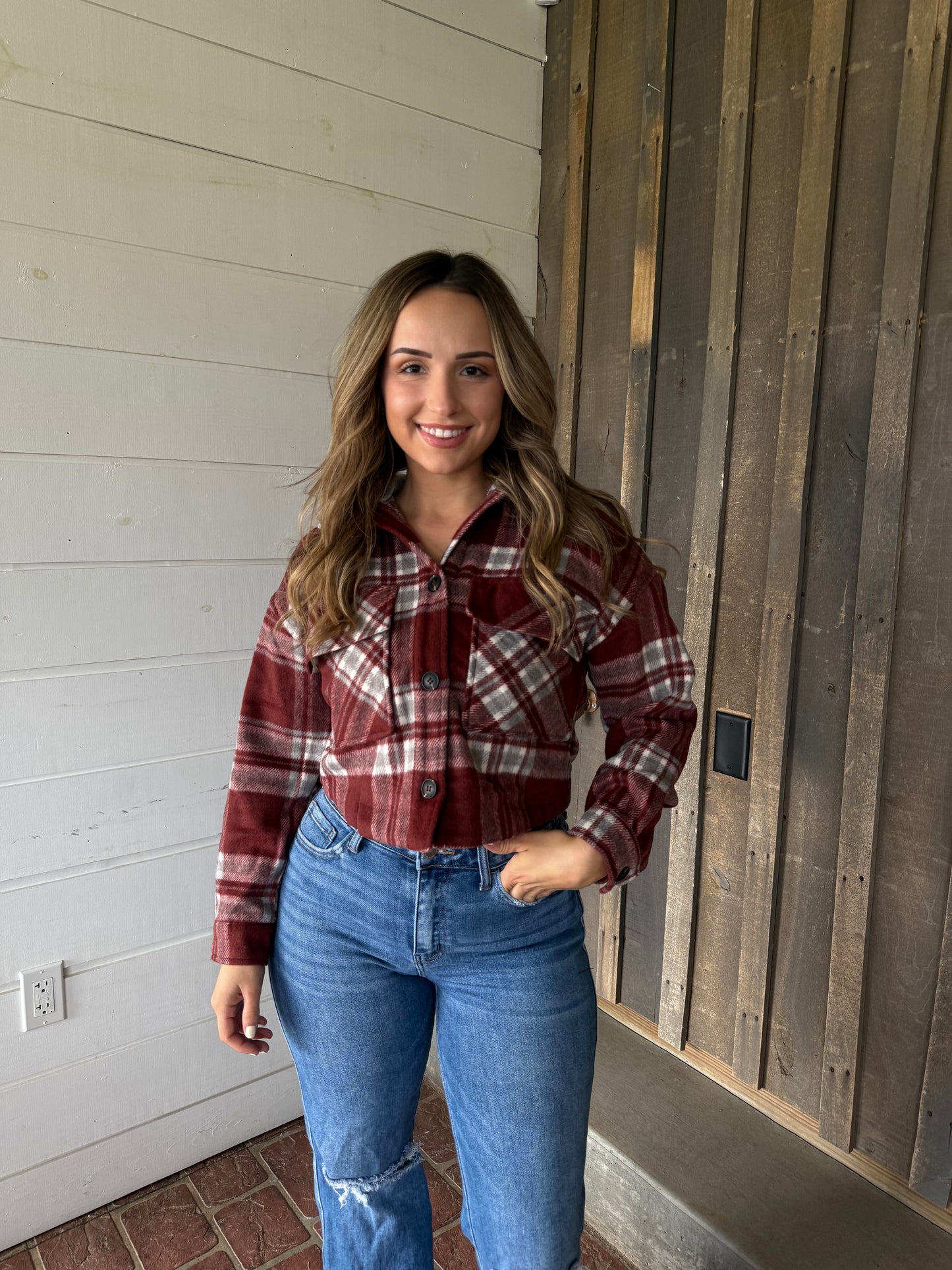 Cropped Plaid Shacket With Detachable Hood- Burgundy