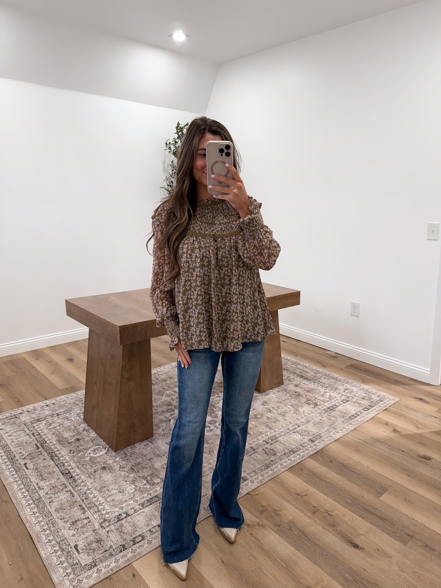 Smocked Floral Print Ruffle Neck Blouse