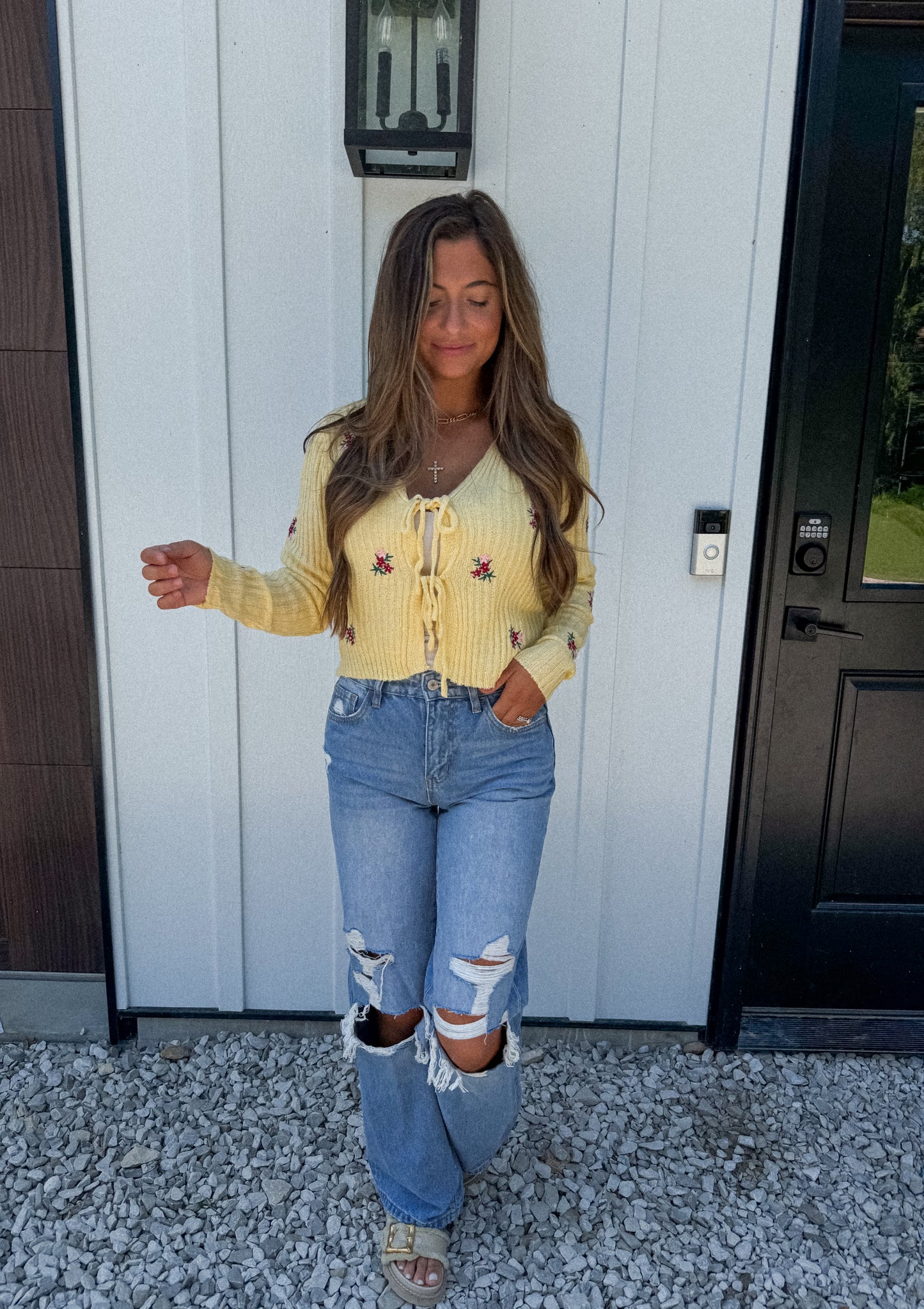Daisy Front Tie Cardigan- Butter Yellow