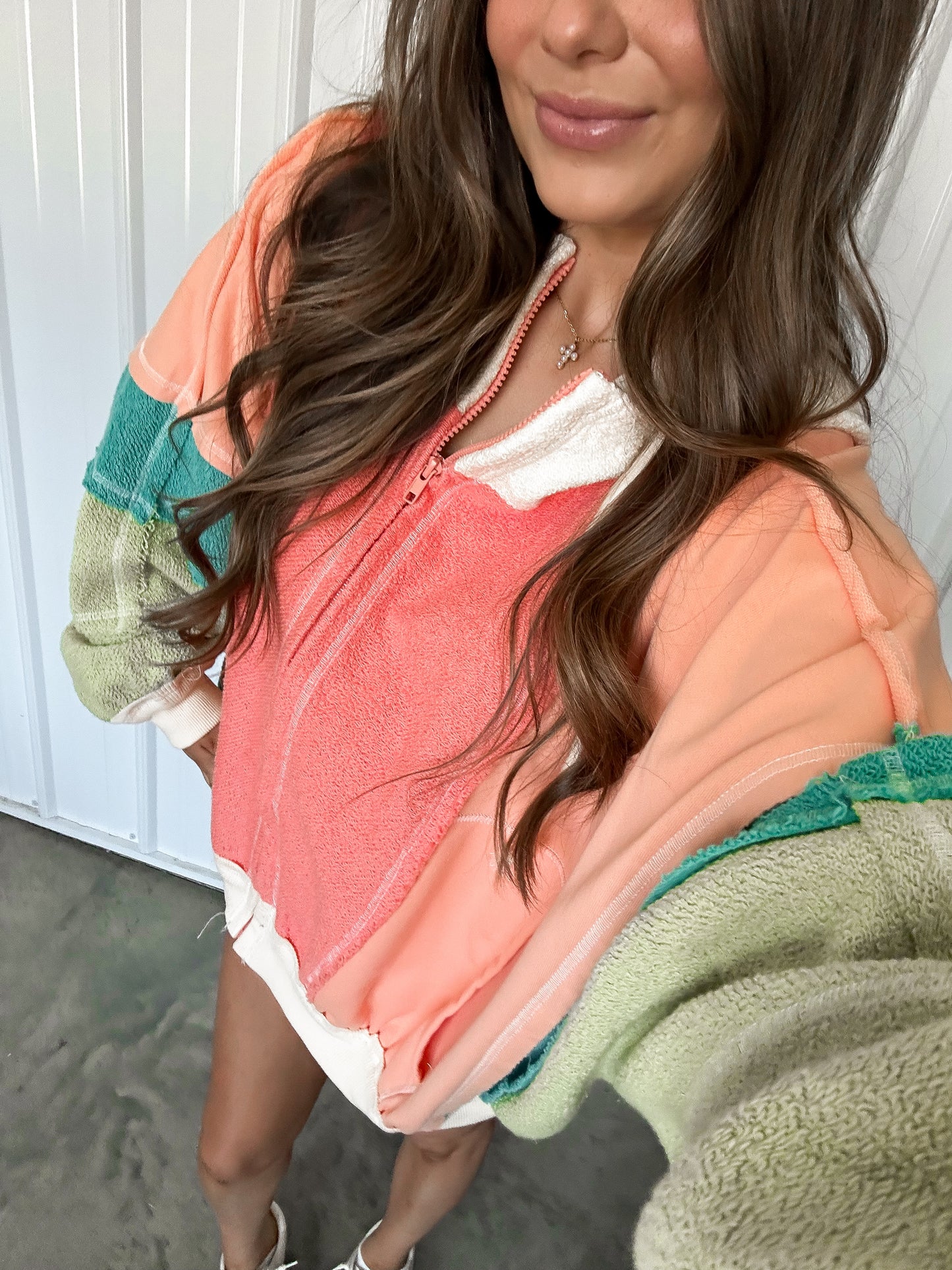 Colorblock zip up Hoodie- peach sorbet