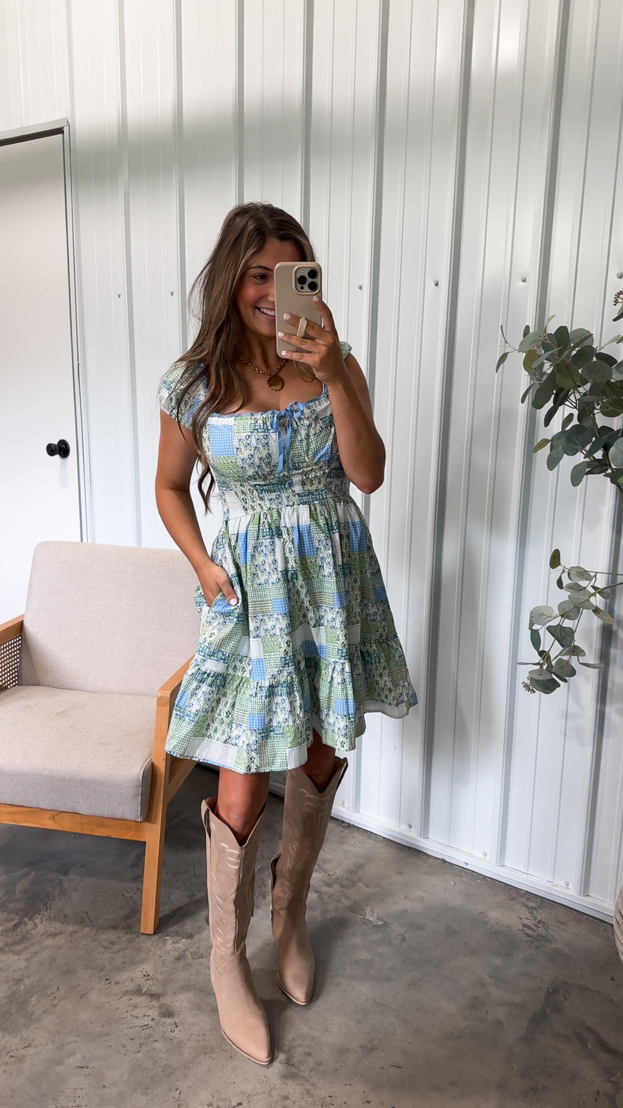 Alayna Patchwork Mini Dress- green/blue