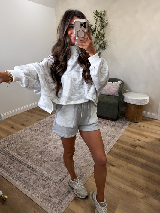 White Camo Cropped Mock Neck - taupe/grey
