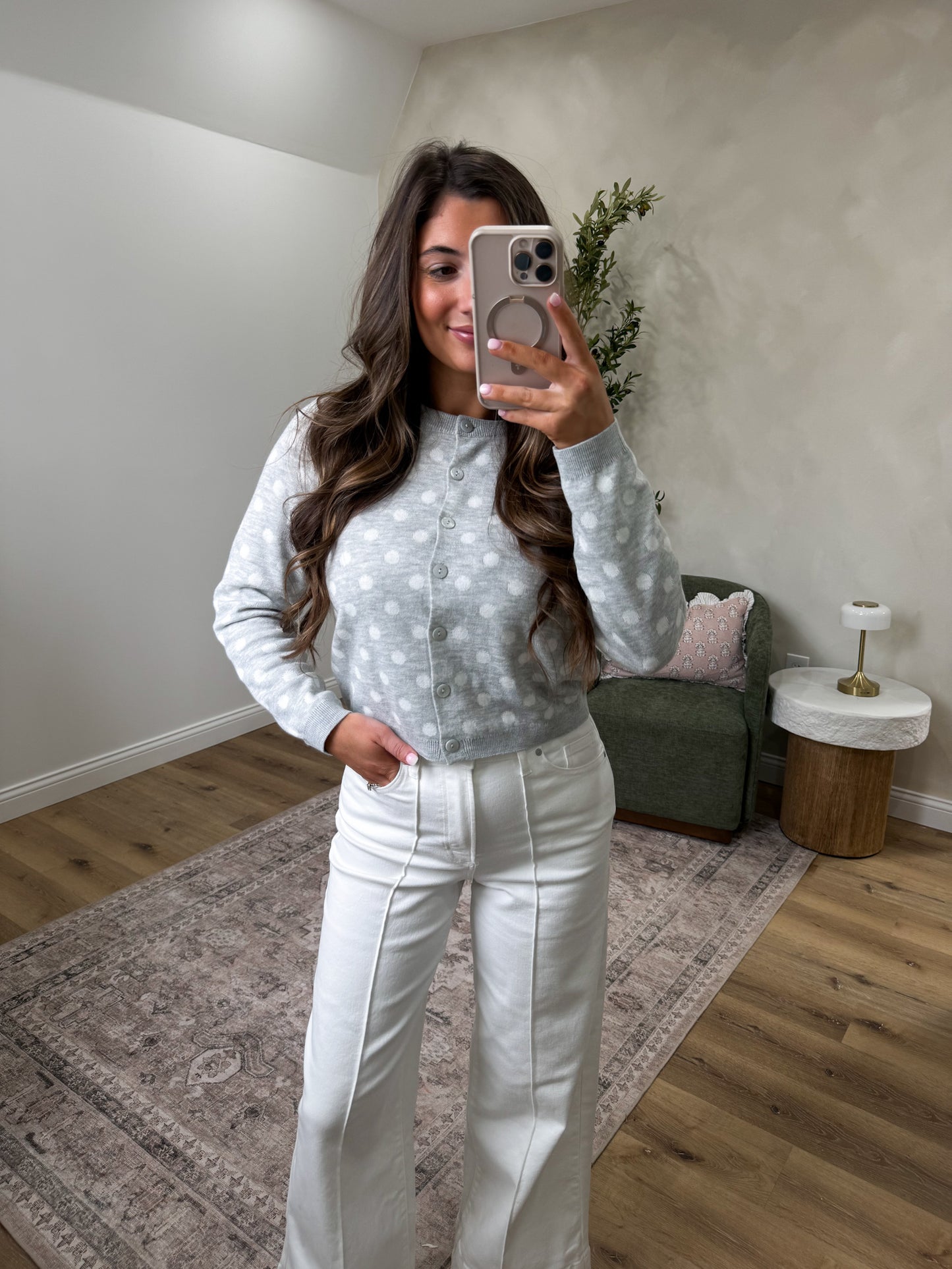 Callie Polka Dot Cropped Cardigan - heather grey