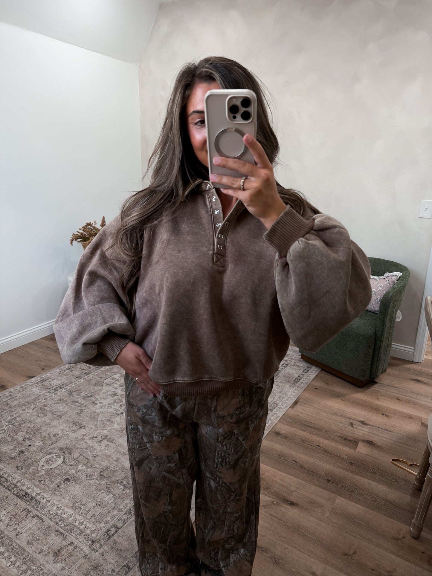 Megan Button Up Pullover - mocha