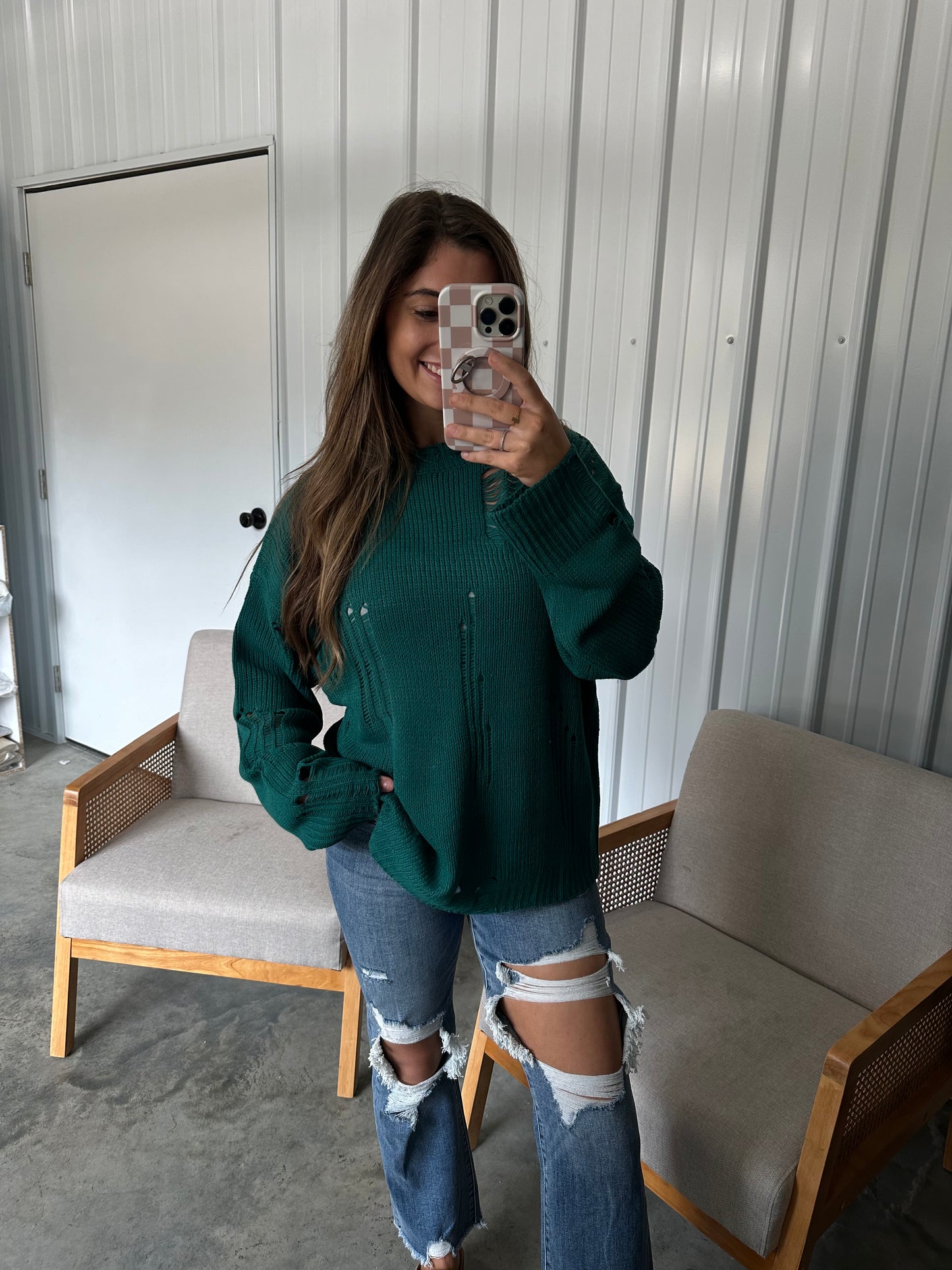 Noah Distressed Sweater - Hunter Green