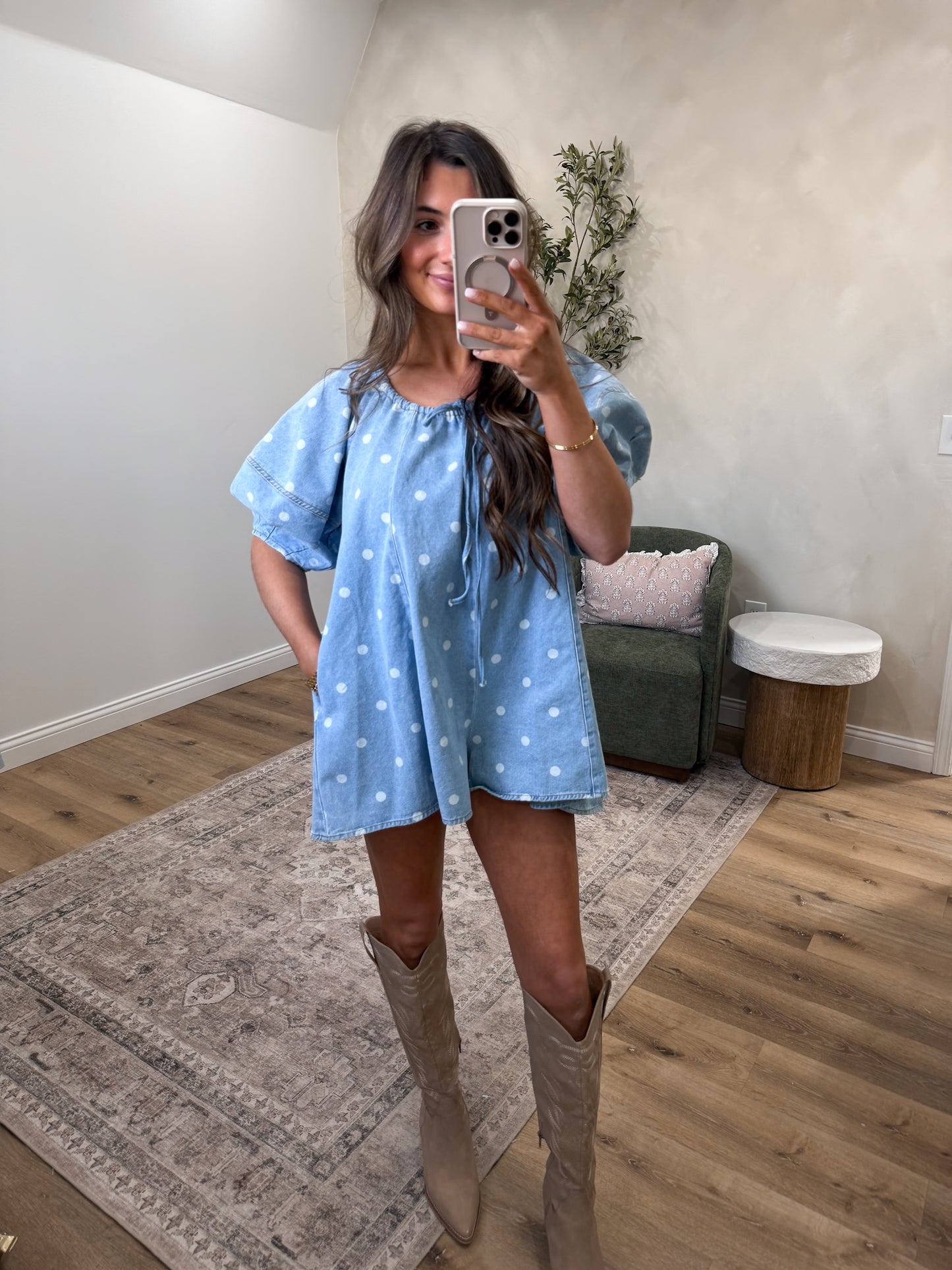 Tessa Polka Dot Bubble Sleeve Denim Romper - light denim