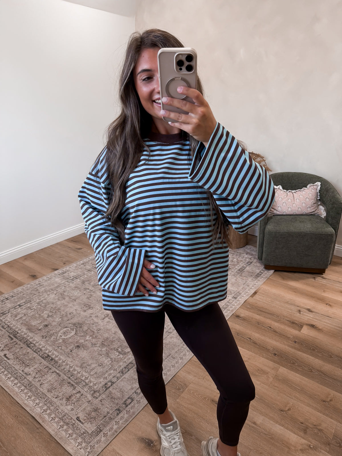 Perfect Day Oversized Stripe Long Sleeve Top - Blue/ Brown
