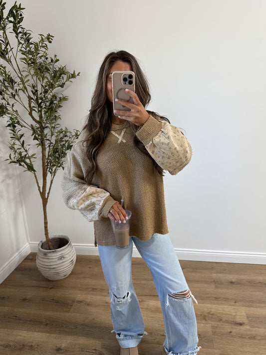 Mocha floral Color Block Casual Textured Knit Top