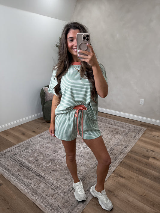The Lydia Striped Casual Set - pistachio/salmon *PREORDER 4/30 ORDER SEPARATE FROM IN STOCK