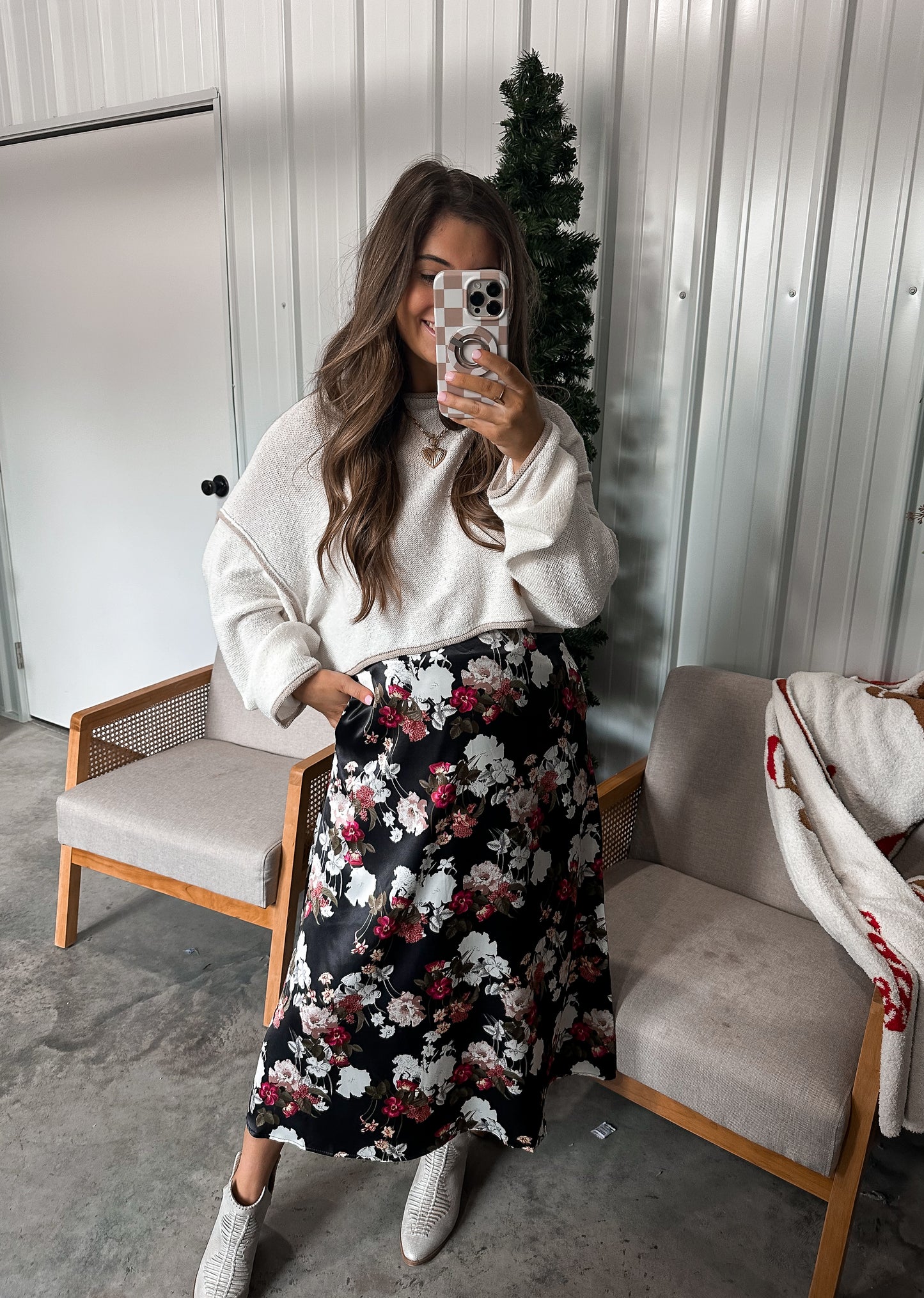 Noel Floral Print Satin Midi Skirt