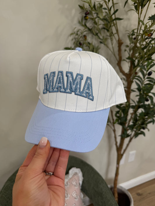 Embroidered "MAMA" Pinstripe Trucker Hat - light blue