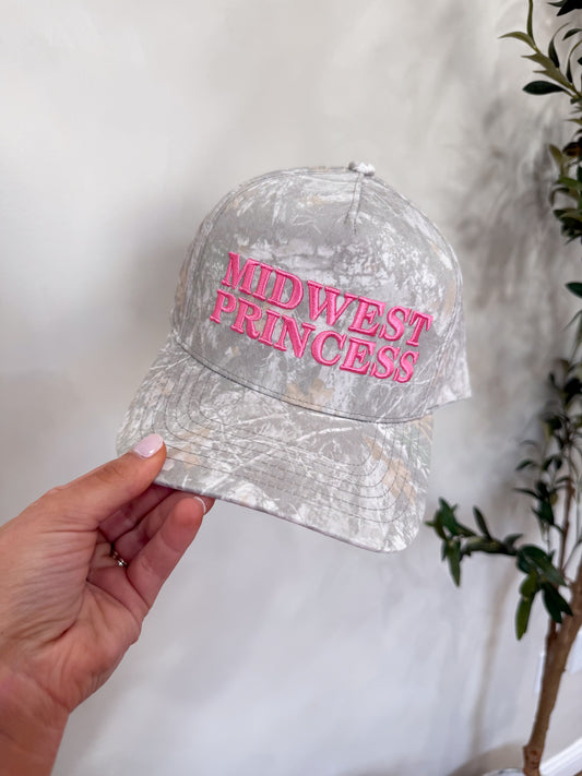 Midwest Princess Embroidered Trucker Hat- camo/pink