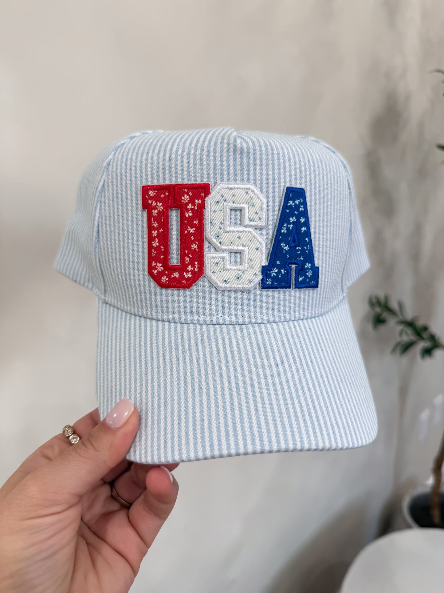 "USA" Letter Patch Striped Trucker Hat - blue
