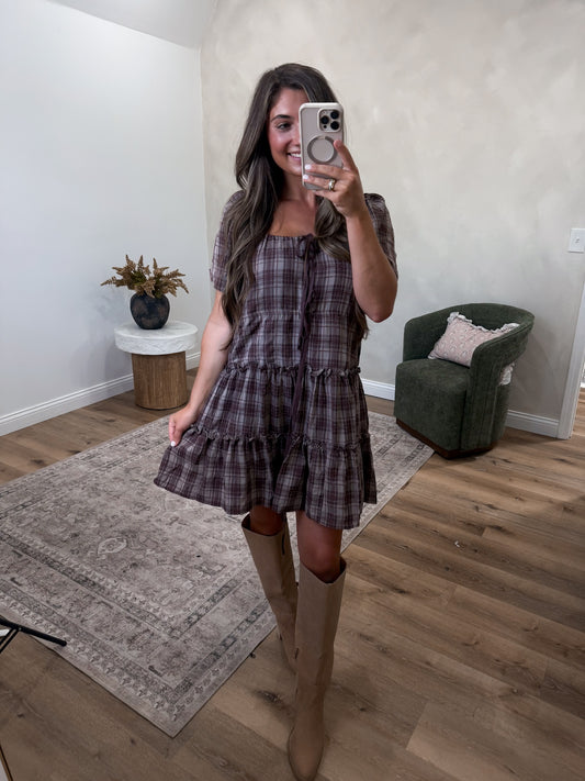 Ruby Plaid Tiered Mini Dress - brown