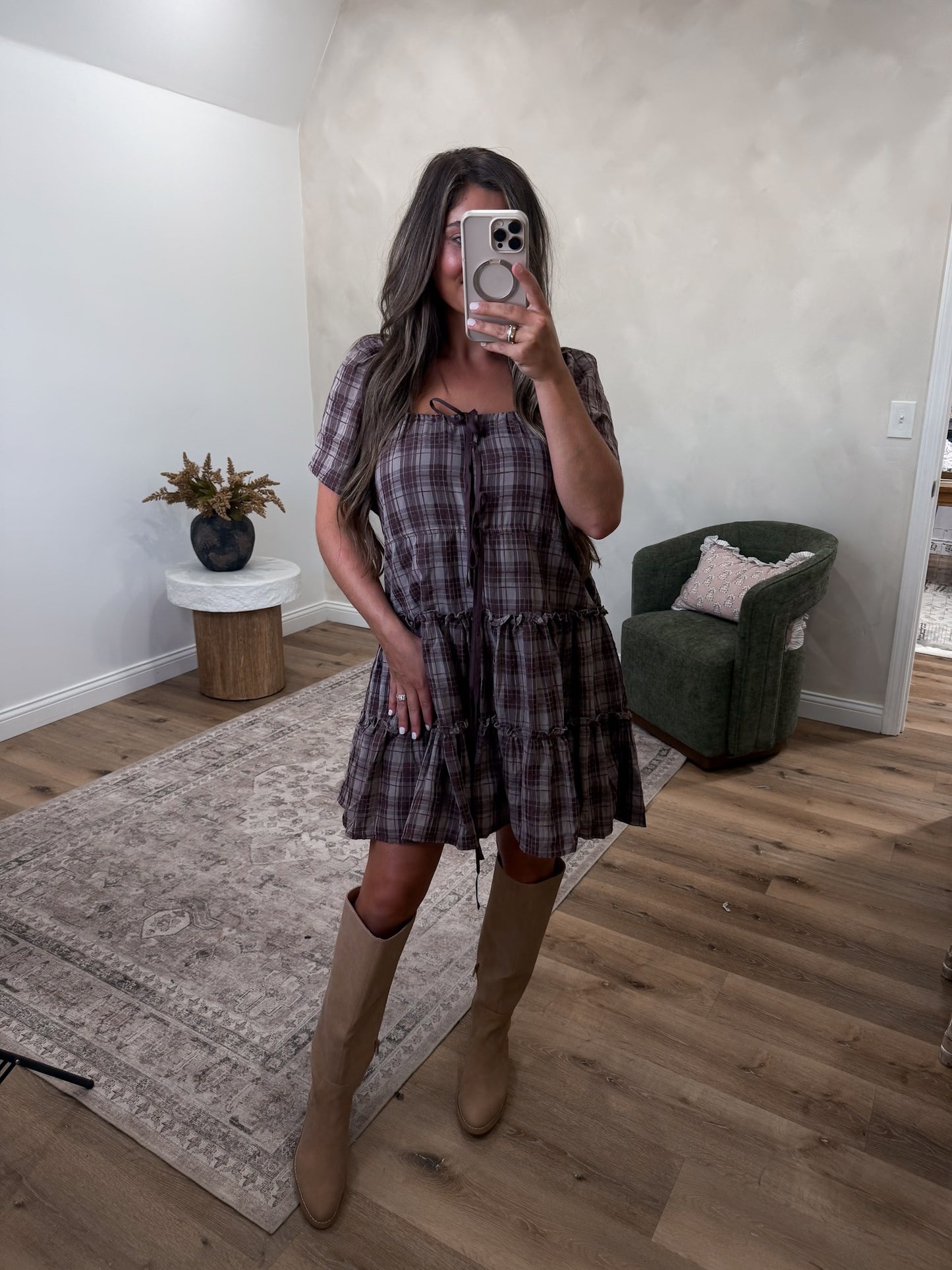 Ruby Plaid Tiered Mini Dress - brown