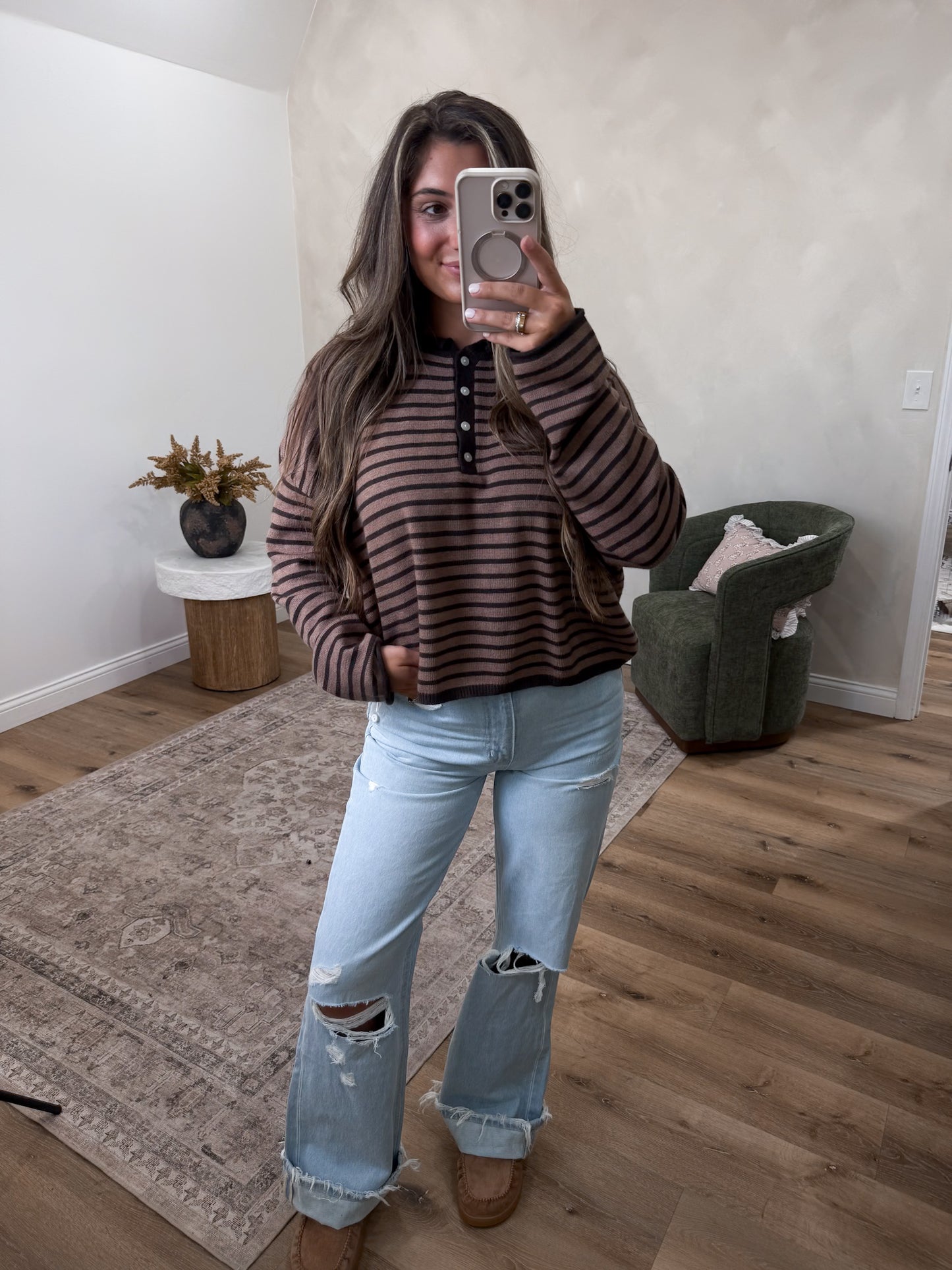 Striped Henley Pullover - mocha/espresso