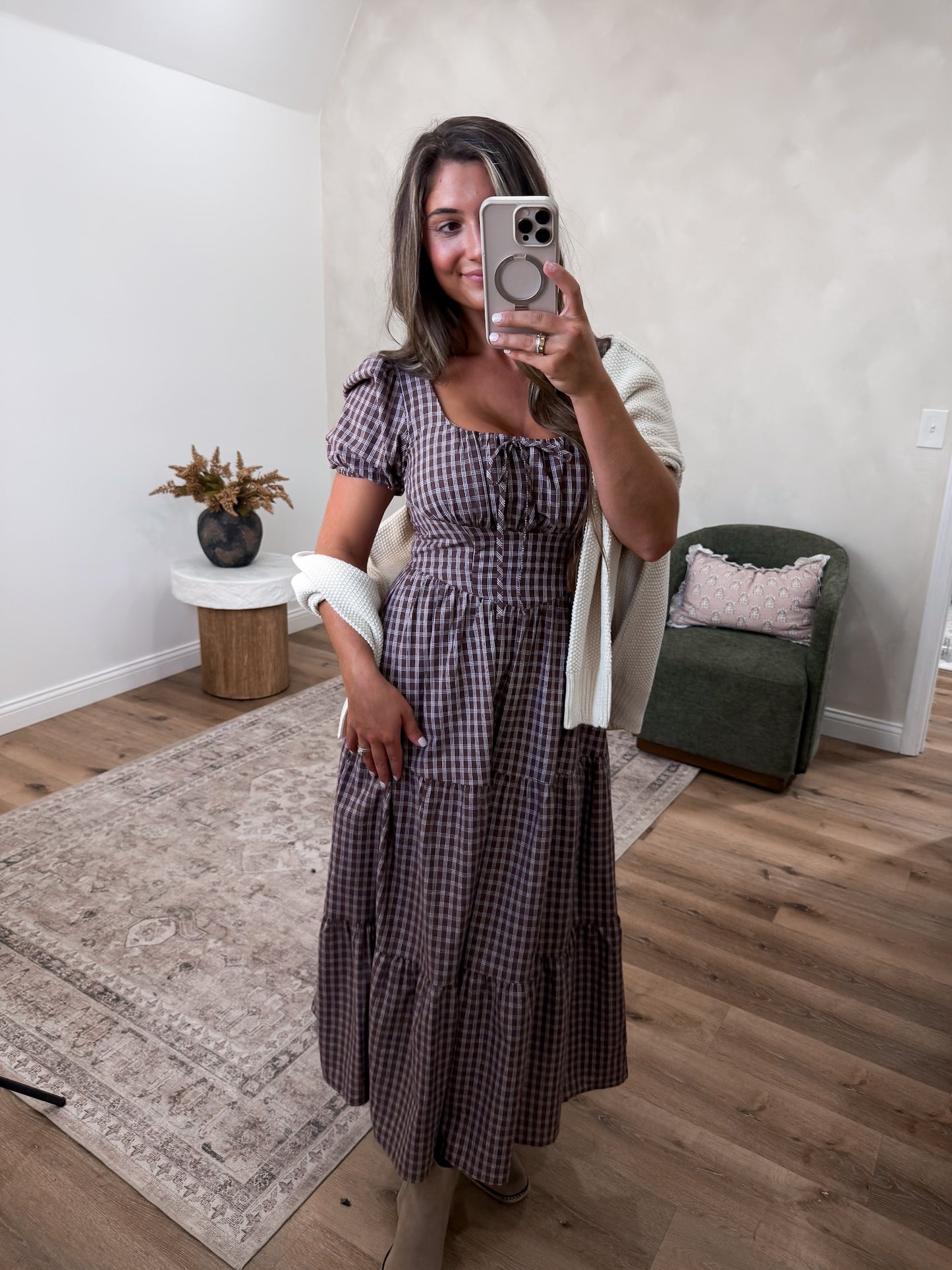 Jolene Plaid Corset Midi Dress - mocha