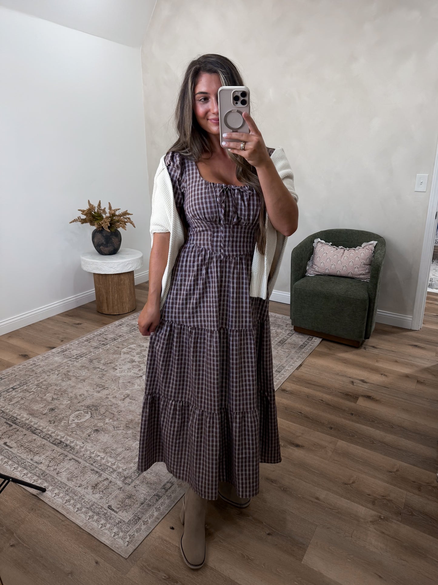 Jolene Plaid Corset Midi Dress - mocha