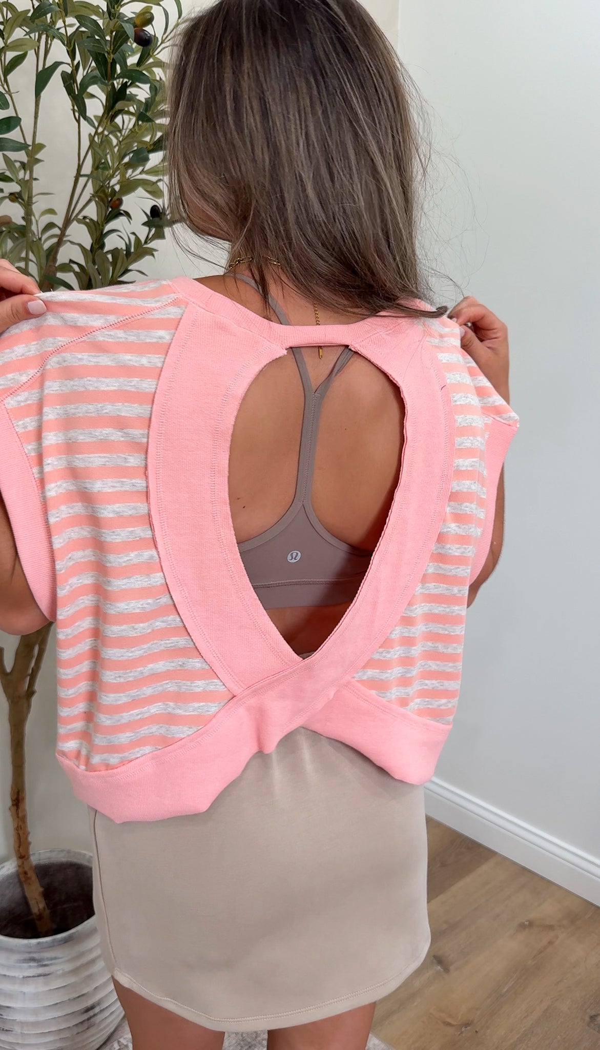 Chasing Pursuit Striped Open Back Top - peach/oatmeal