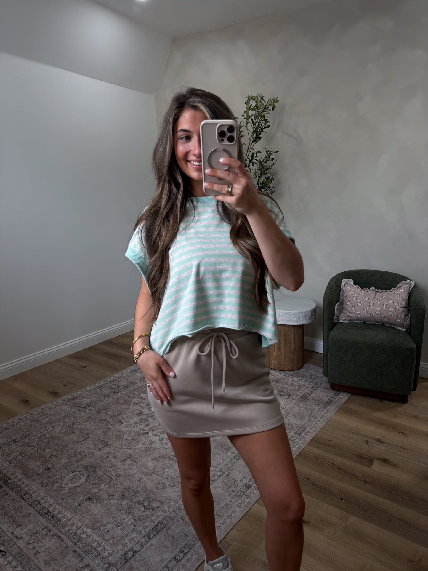 Chasing Pursuit Striped Open Back Top - mint/oatmeal