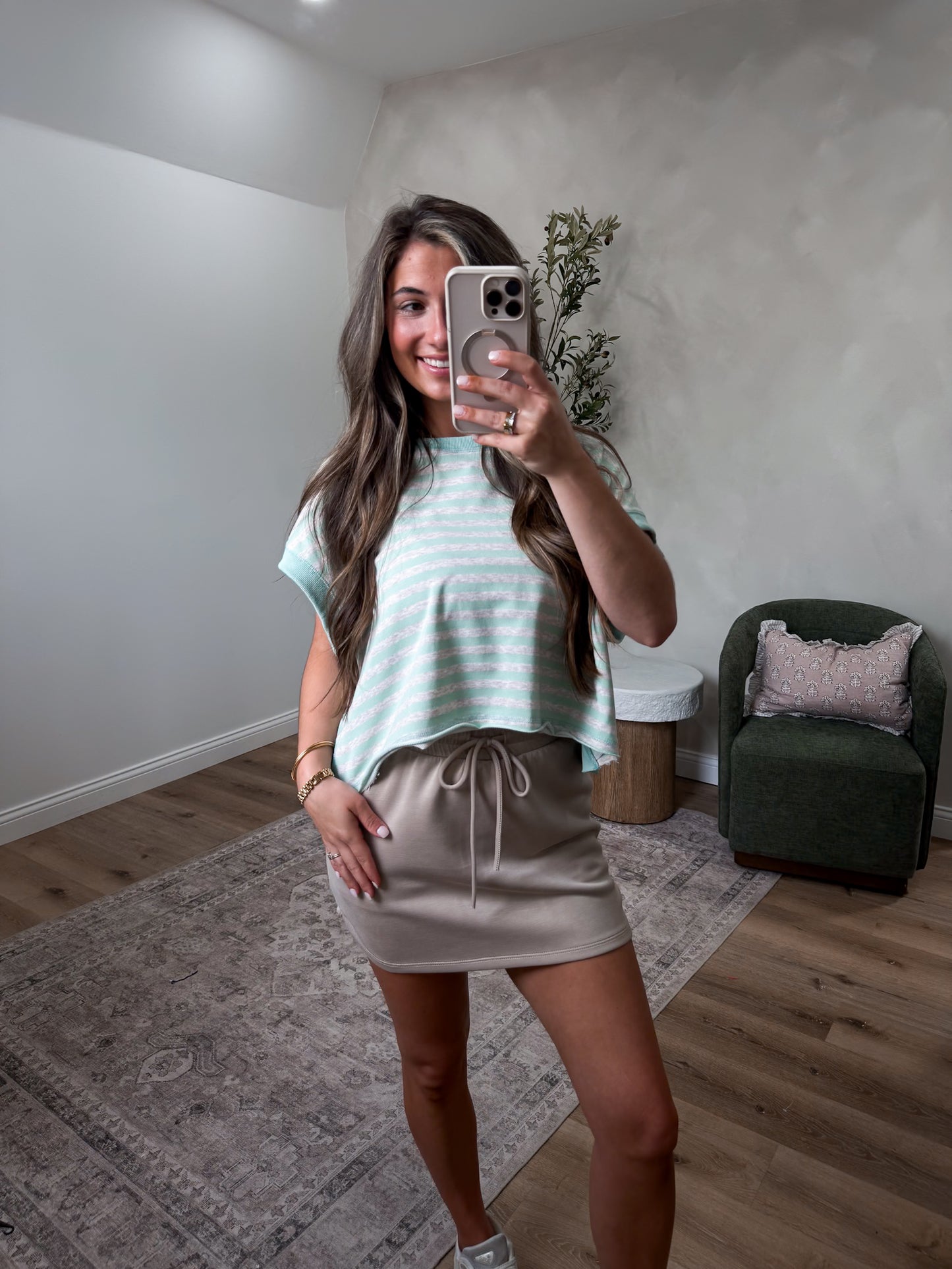 Chasing Pursuit Striped Open Back Top - mint/oatmeal