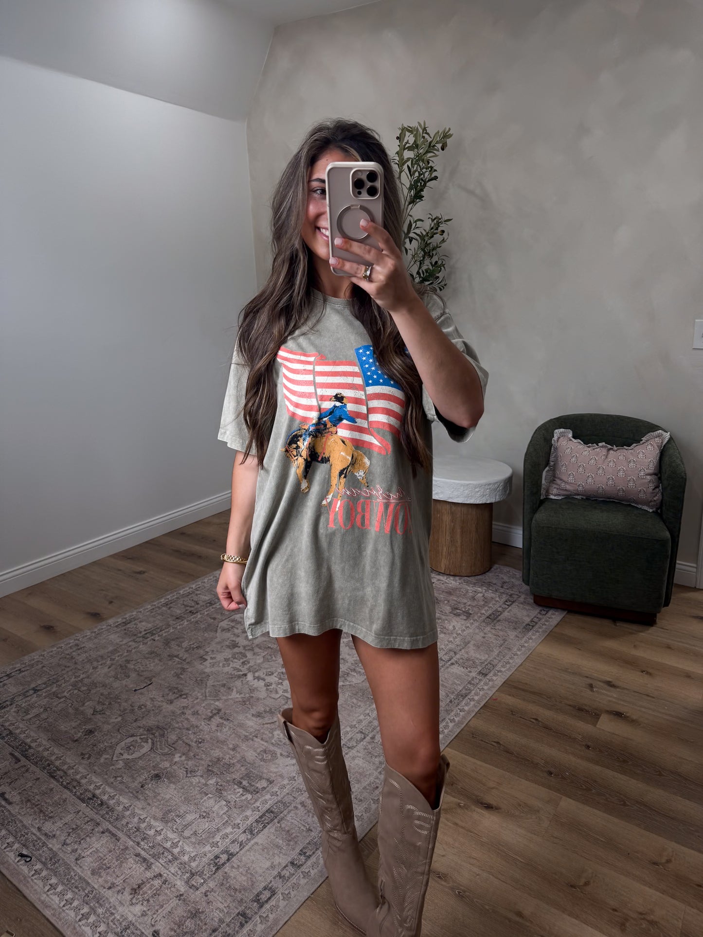American Flag Cowboy Western Tee - mocha