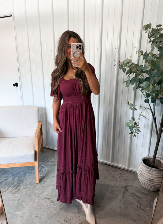 Swiss Dot Flutter Sleeve Maxi Dress-Dark Cherry