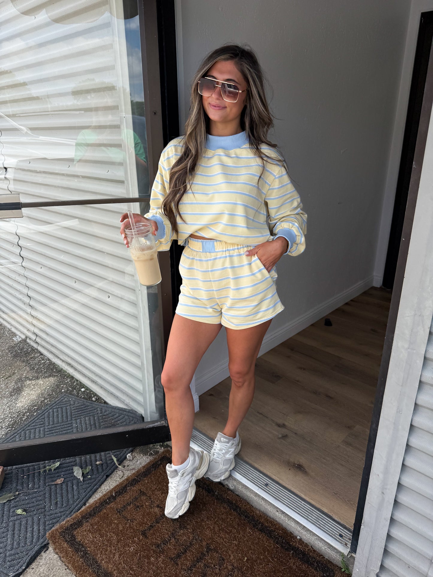 Sweet Charm Striped Short Set - yellow/baby blue
