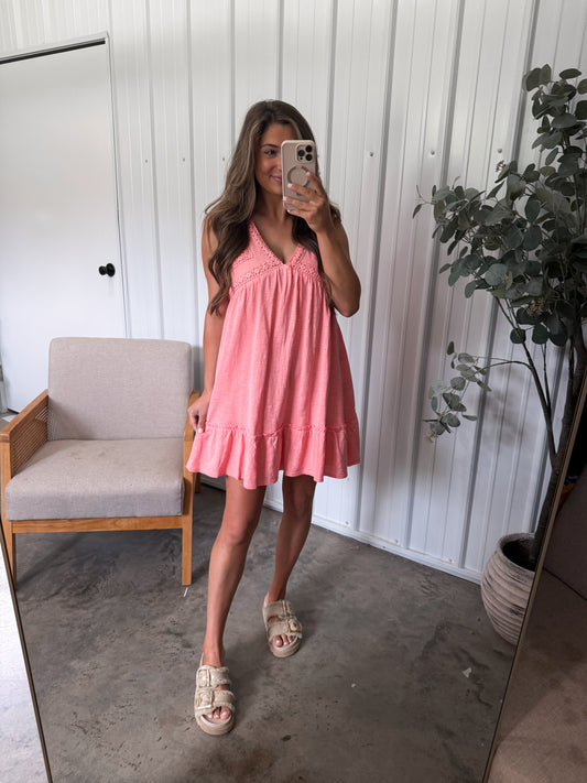 Corina Lace Trimmed Dress- Coral