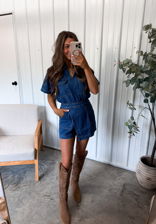 Wren Wrapped Denim Romper- Denim