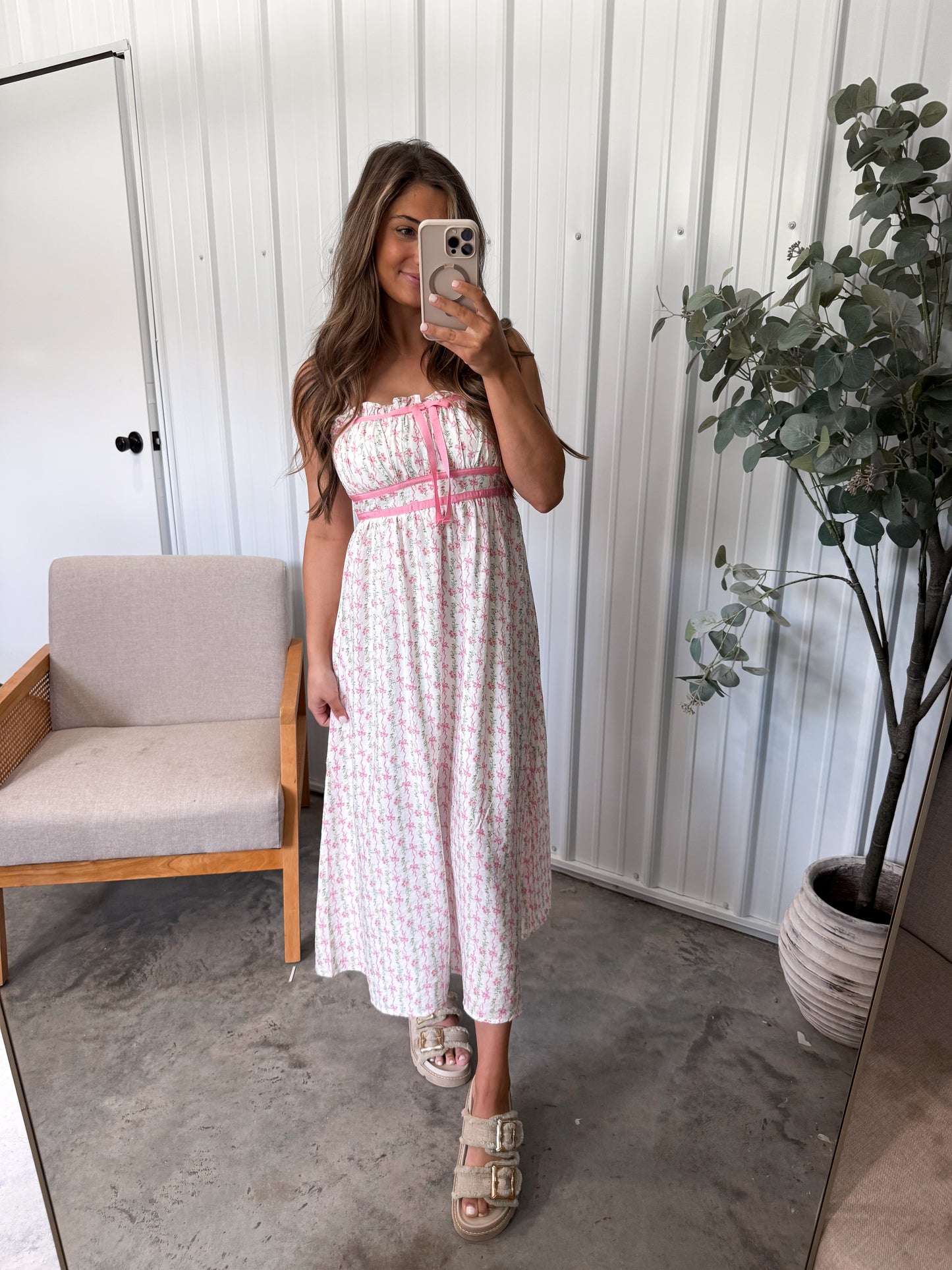 Shelbie Bow Patterned Midi Dress- Pink Multi