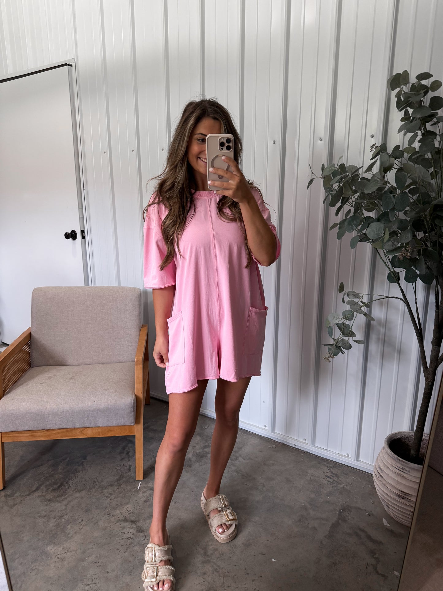 Open Back Washed Romper- Light Pink