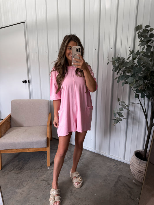 Open Back Washed Romper- Light Pink