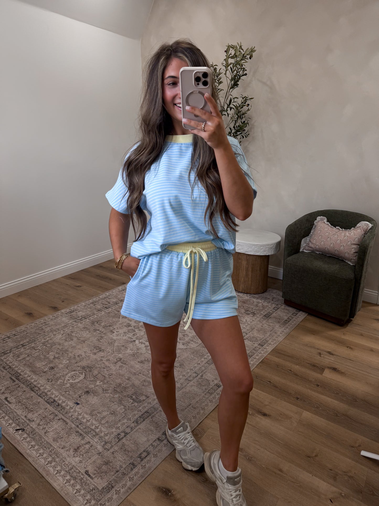 The Lydia Striped Casual Set - sky/lemon