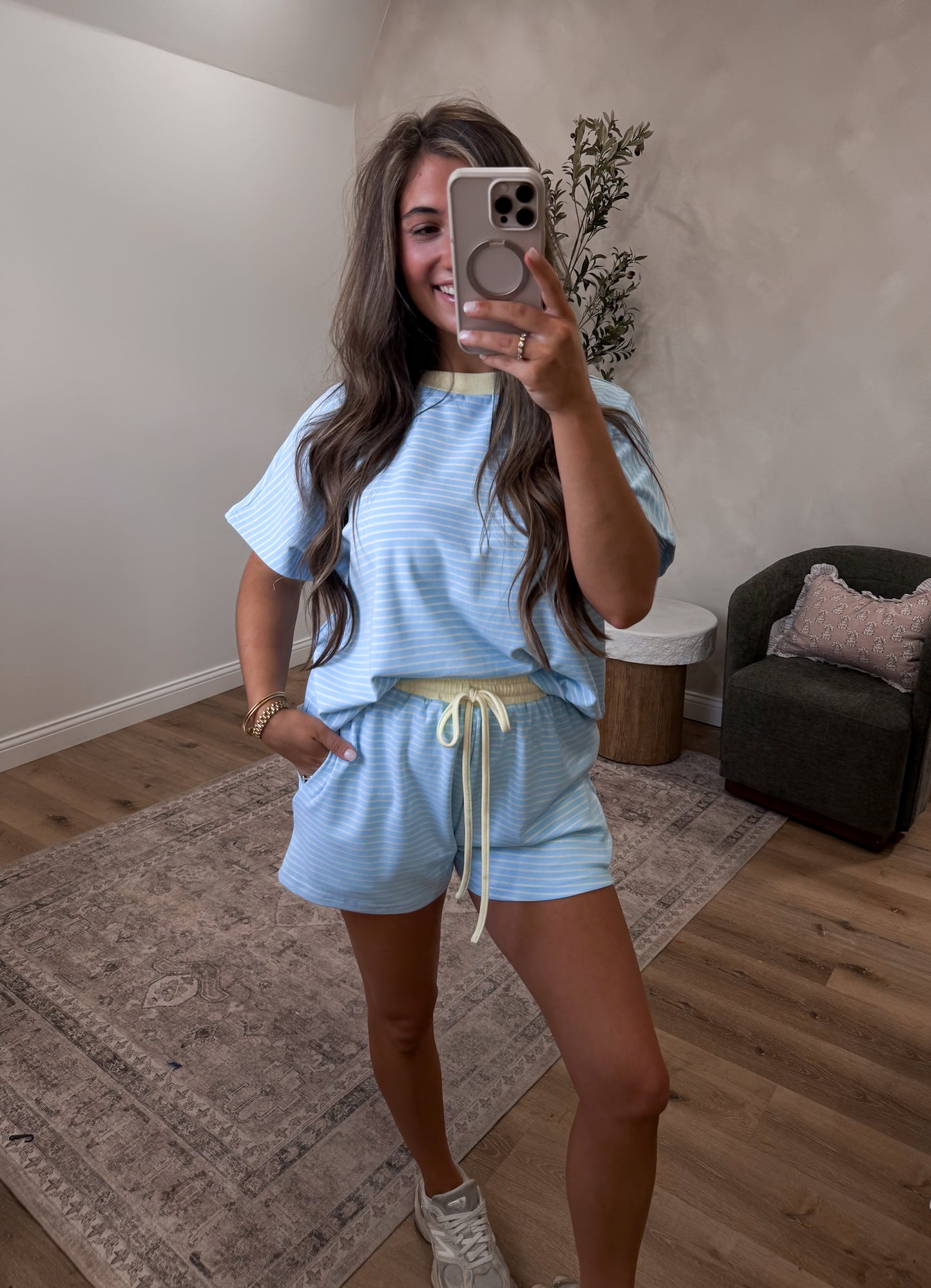 The Lydia Striped Casual Set - sky/lemon