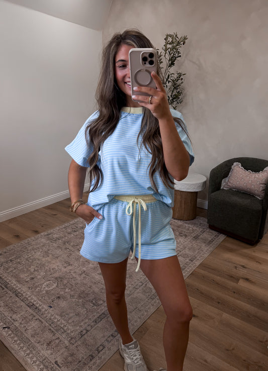 The Lydia Striped Casual Set - sky/lemon