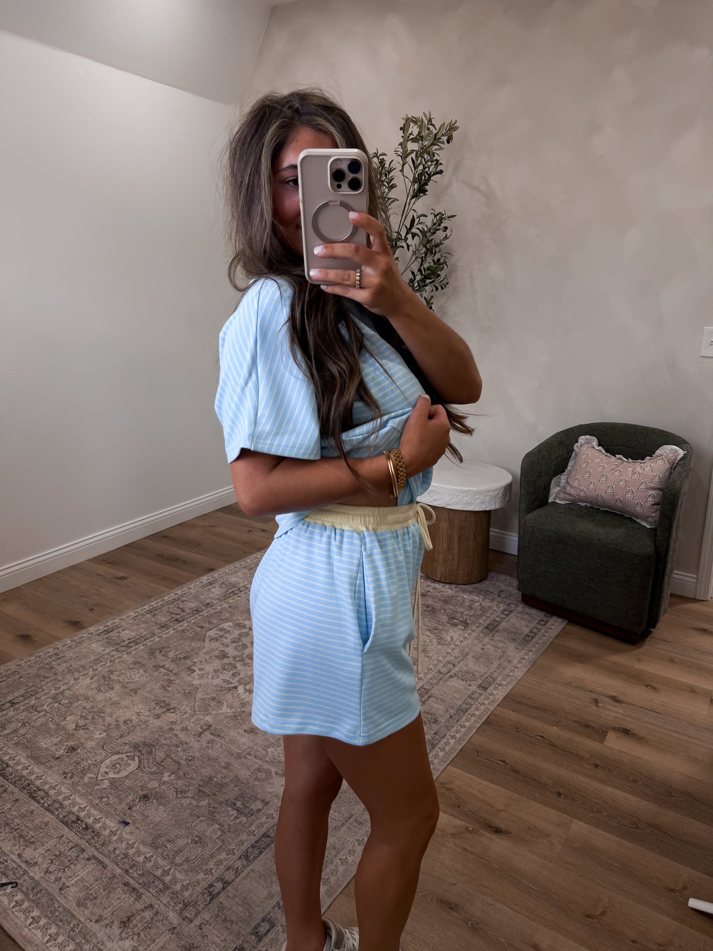The Lydia Striped Casual Set - sky/lemon