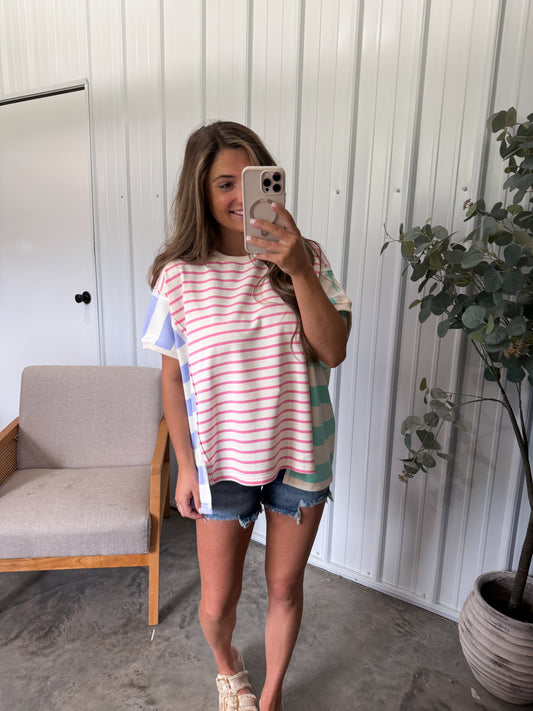 Melissa Mixed Print Tee- pink/mint/lilac