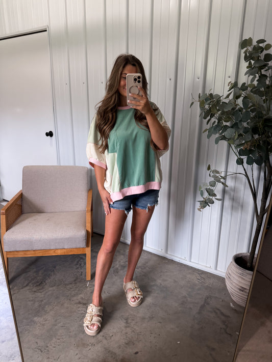 French Terry Colorblock Pullover- sage