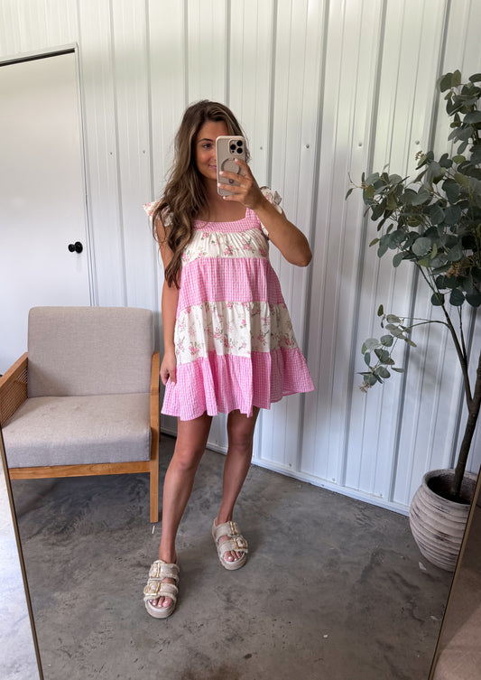 Gingham floral Mini Dress- pink floral colorblock