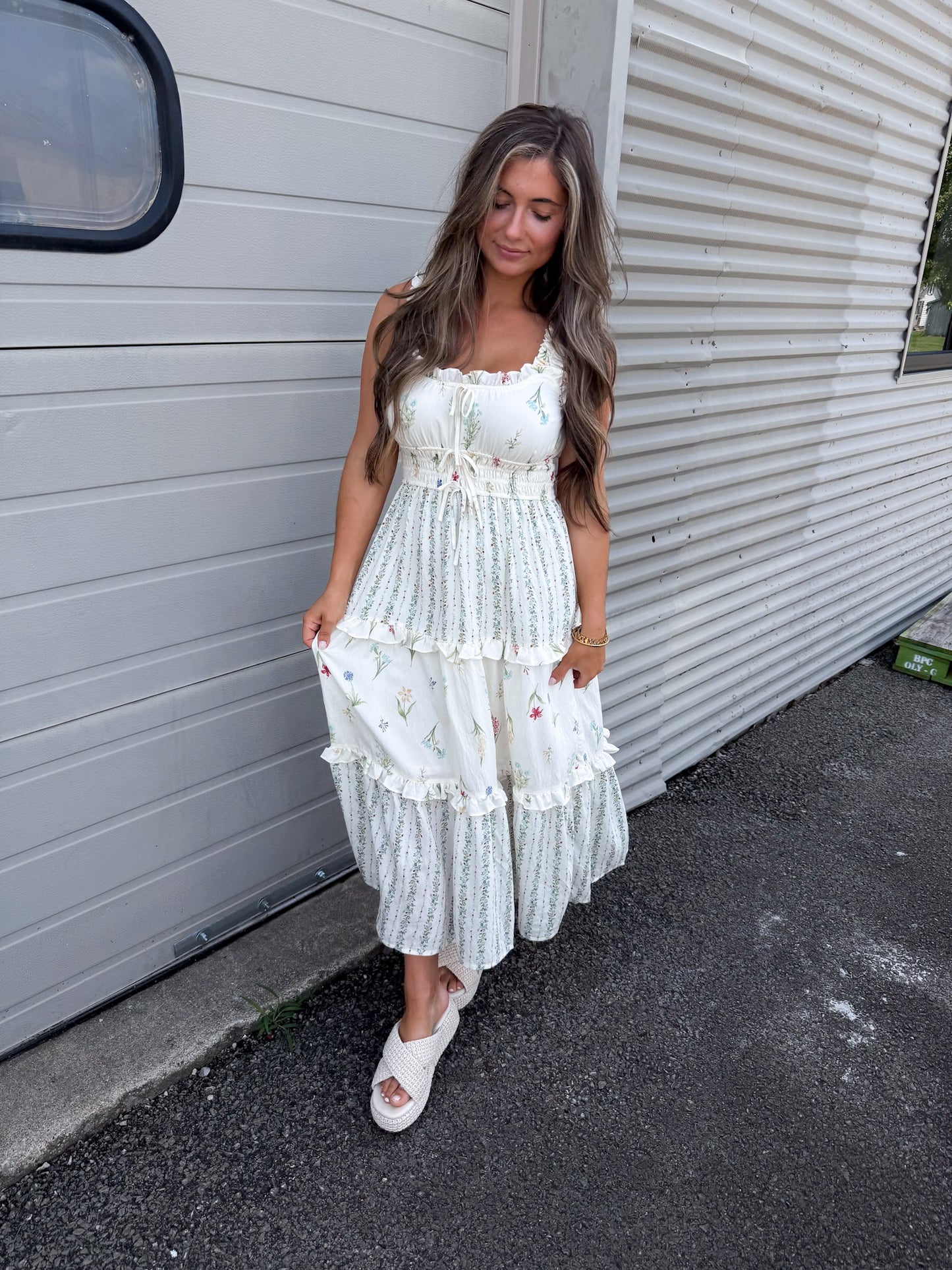 Azalea Floral Ruffled Midi Dress - ivory multi