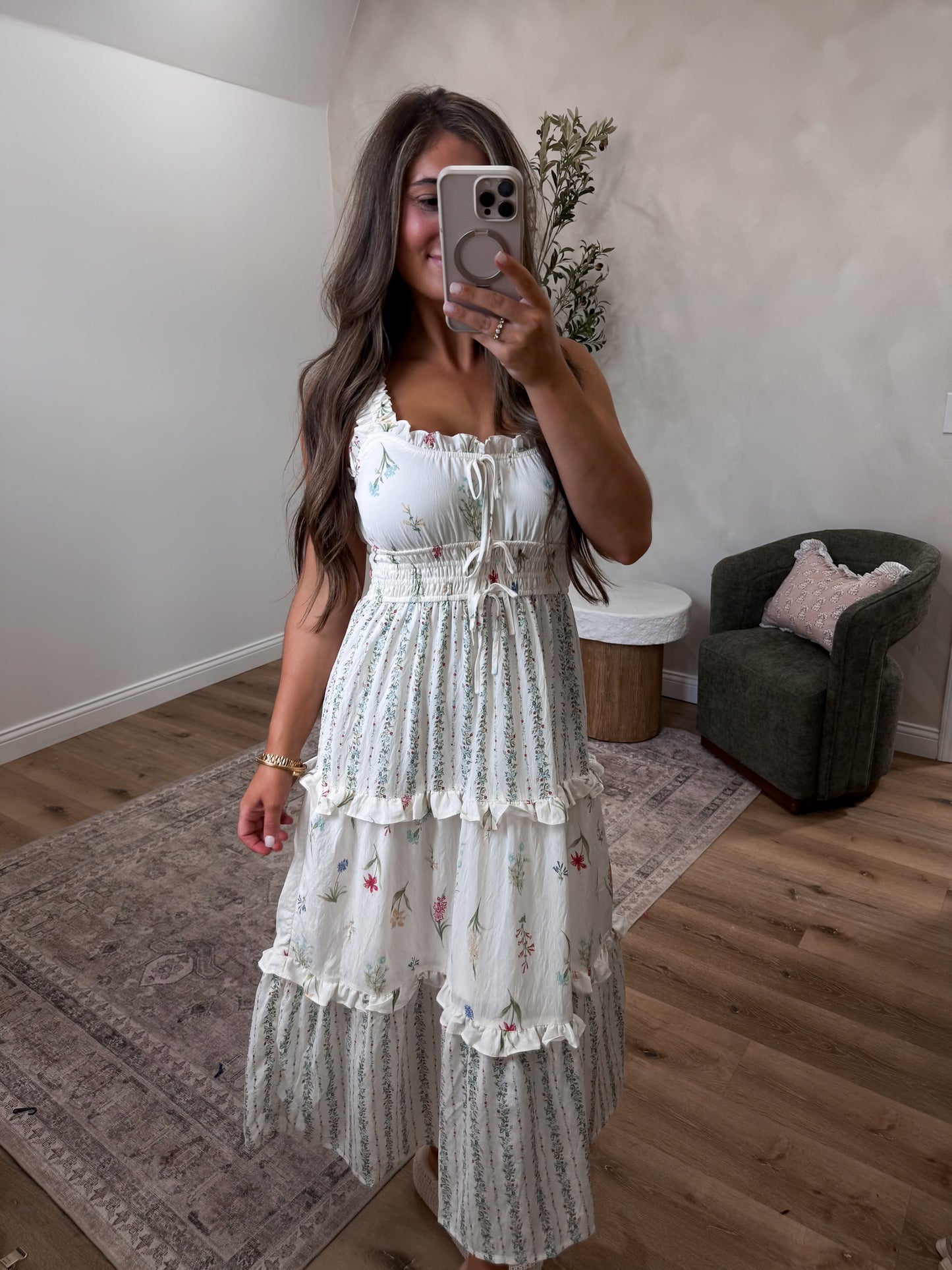 Azalea Floral Ruffled Midi Dress - ivory multi