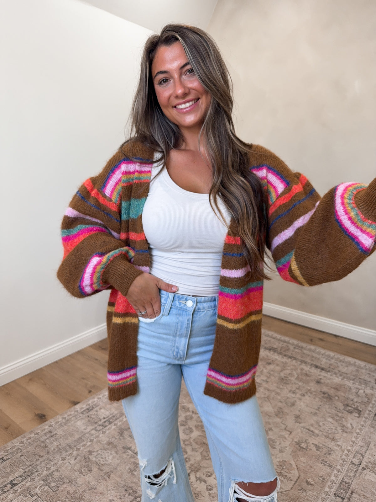 Sunset Carnival Striped Cardigan - mocha latte