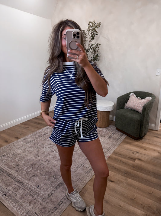 Modern Comfort Striped Shorts Set - navy