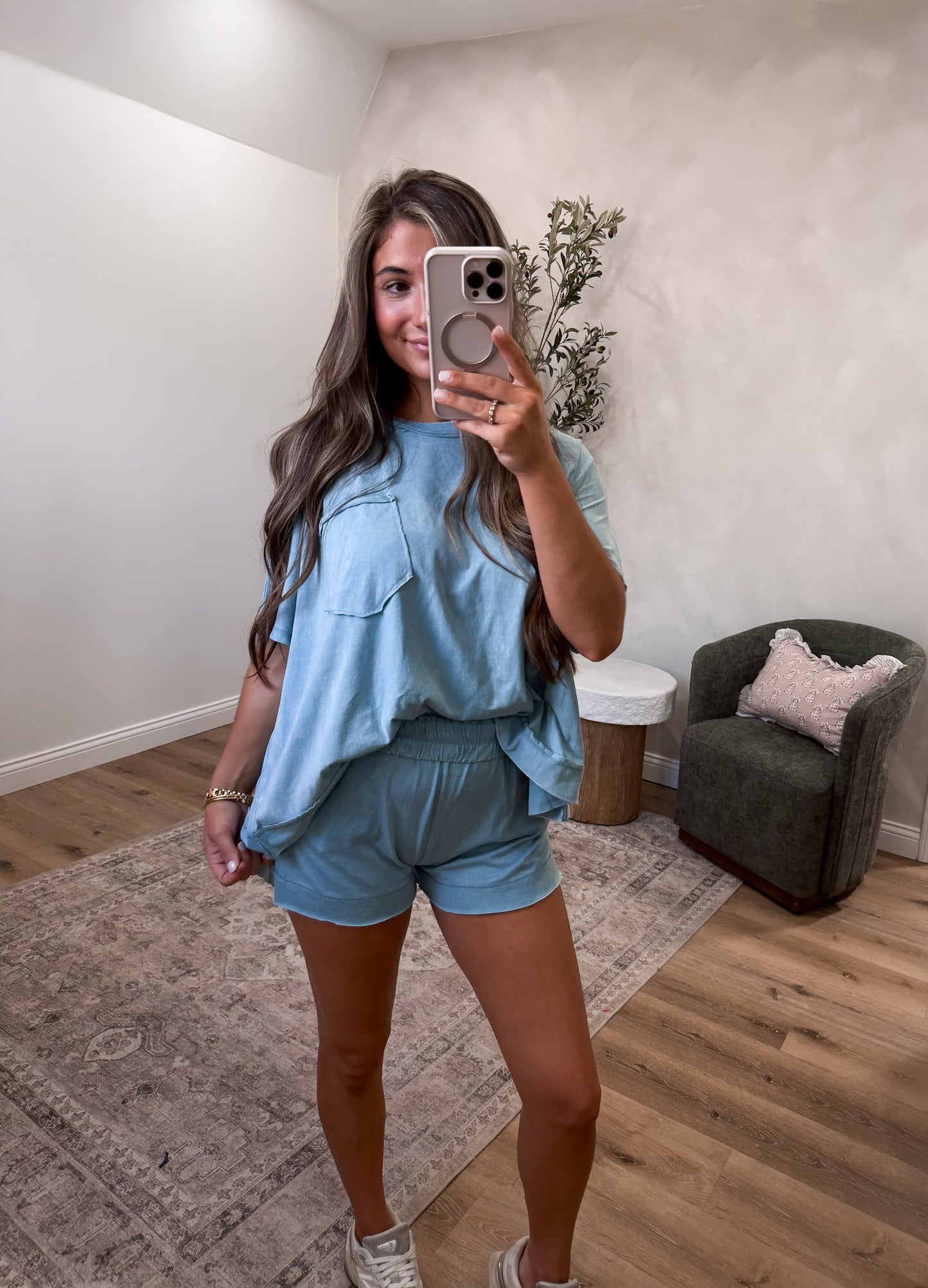 Kelli Washed Shorts Set - blue grey