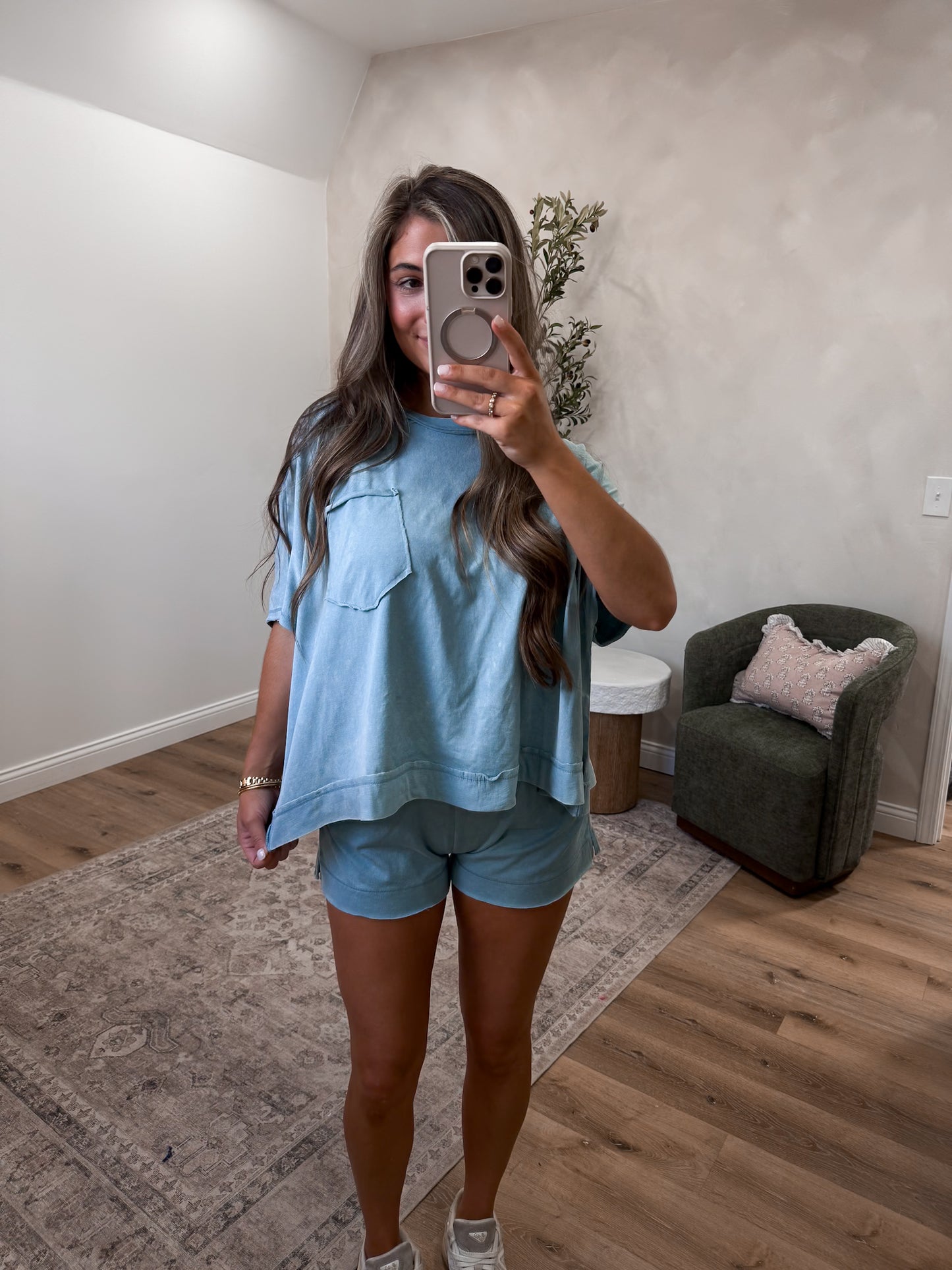 Kelli Washed Shorts Set - blue grey