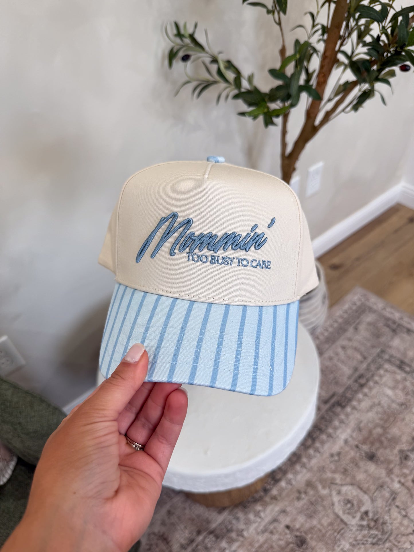 Mommin' Striped Trucker Hat - blue stripe
