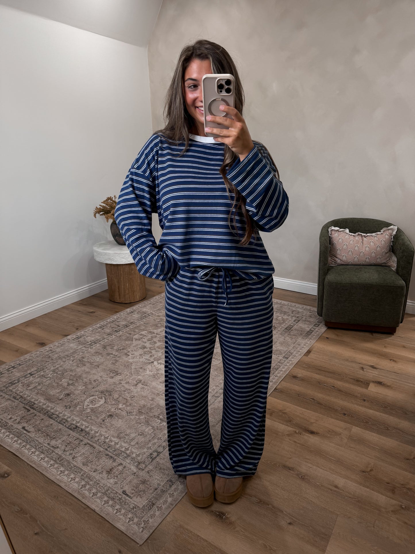 The Lydia Striped Lounge Set - denim blue/ brown